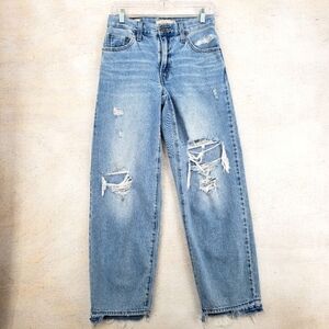 Levi's Women US 24 blue jeans Baggy Dad Premium Denim leather patch frayed hem